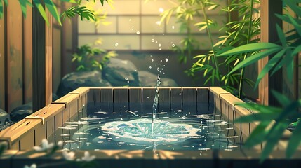 Sticker - Tranquil Japanese Garden with a Water Feature and Bamboo Plants.