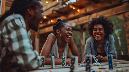 Poster - A photo of black friends playing dominoes in the back yard at their cabin. happy and laughing 