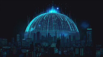 Wall Mural - futuristic scene of AI network covering a whole modern city at night