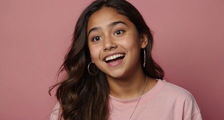 Poster - hispanic young teen girl plain pink background looking happy amazed surpised wow shocked expression with copy space