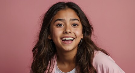 Poster - hispanic young teen girl plain pink background looking happy amazed surpised wow shocked expression with copy space