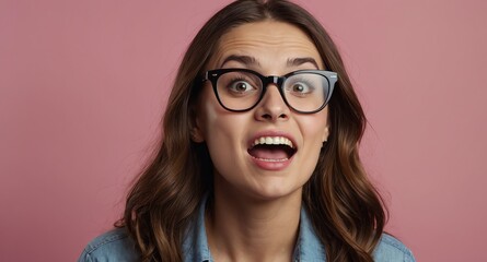 Poster - nerd beautiful woman plain pink background looking happy amazed surpised wow shocked expression with copy space