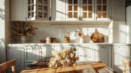 Wall Mural - Kitchen table with dried flowers, white cabinets, wooden accents, cozy daylight, shadows, home decor presentation.