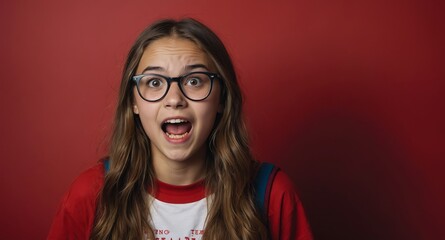 Poster - nerd young teen girl plain red background looking happy amazed surpised wow shocked expression with copy space