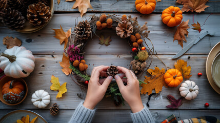 Canvas Print - a DIY autumn wreath being crafted with pinecones, leaves, and small pumpkins on a rustic table