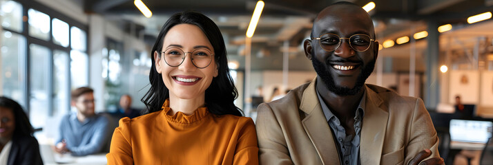 Wall Mural - A photo of two happy people in an office setting. 