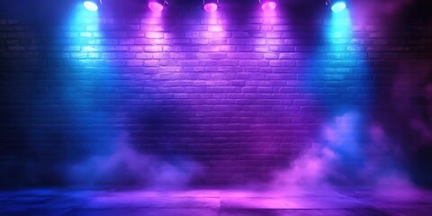  A stage with blue and purple lights shining on the wall , Empty room with neon brick wall , fog, light