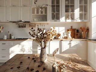 Wall Mural - Kitchen table with dried flowers, white cabinets, cozy wooden interior, daylight shadows, detailed presentation photo.