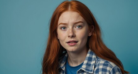 Poster - redhead young teen girl plain blue background looking happy amazed surpised wow shocked expression with copy space