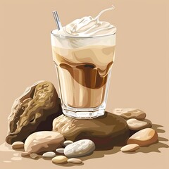 Canvas Print - Iced coffee with whipped cream on a bed of smooth stones.