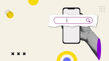 Hand with holding phone Trendy pop art collage search concept.