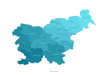 Poster - Vector isolated illustration. Simplified administrative map of Slovenia. Blue shapes of regions. Names of cities