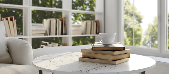 Wall Mural - Living room interior, white marble table, stack of books on sofa, copy space, bright natural light, minimalist, bookcase, window view, coffee cup.