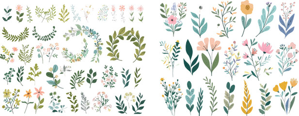 Aufkleber - Hand drawn greenery branches, nature green plants leaves, and decorative sketch leaves isolated on white. Branch and flower, vintage floral decorative botanical illustration.
