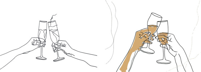 Aufkleber - Modern concept of continuous line champagne cheers. Hands toasting with wine glasses celebrating Christmas or birthday.