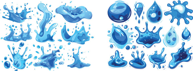 Poster - Fresh aqua stream, puddles and splats. Cartoon water splashes, falling raindrops, waves and spills. Nature blue liquid form icons.