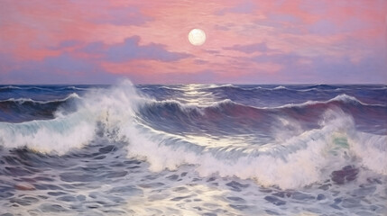 Wall Mural - Impressionist beach landscape at sunset with gentle waves and tropical vibes