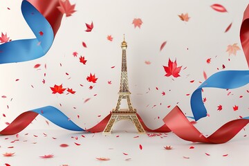 3D Eiffel Tower in the middle of two large red and blue ribbons. The background is white with small falling petals around it. The tower has a golden metal texture. The picture is very delicate