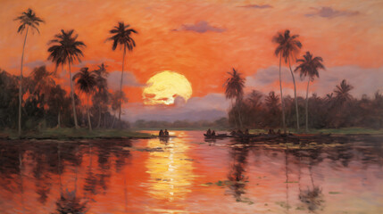 Wall Mural - Tropical sunset over serene beach with silhouetted palm trees