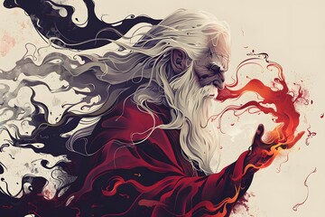 Poster - Elderly Man With White Hair and Beard Conjuring Fire.