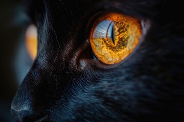 Cat Eyes. Mystic Glow of Orange Cat's Eyes on a Dark Black Background