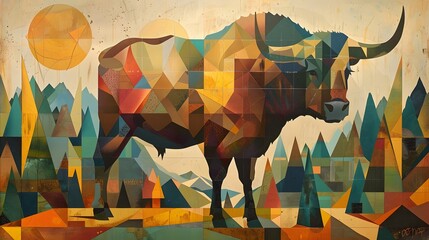 Wall Mural - Geometric Bison in a Landscape.