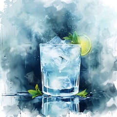 Sticker - Refreshing Watercolor Illustration of a Glass with Ice, Lime, and Mint.