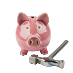 Wall Mural - A piggy bank with a hammer next to it on transparent background