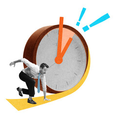 Wall Mural - Businessman standing on starting position next to giant clock. Prioritization, strategic planning, deadlines. Contemporary art collage. Concept of business, team meeting, teamwork and cooperation