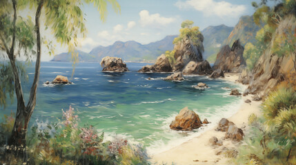 Wall Mural - Tropical beach landscape with impressionist style and summer vibes