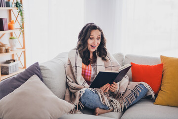 Sticker - Photo of adorable impressed lady wear plaid shirt reading story smiling indoors room home house