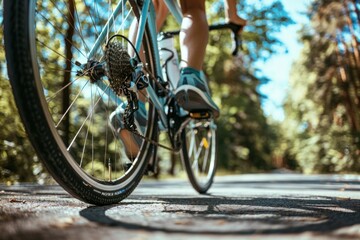 The excitement and adrenaline of a young man cyclist in action with a close - up shot of her legs pedaling