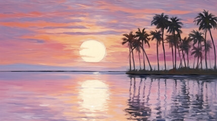 Wall Mural - Tropical sunset over calm beach with silhouetted palm trees