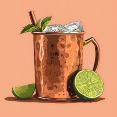 Sticker - Refreshing Moscow Mule Cocktail with Lime and Mint in a Copper Mug.