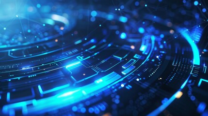 Poster - A futuristic digital technology background featuring glowing blue circuitry and data elements in an abstract design
