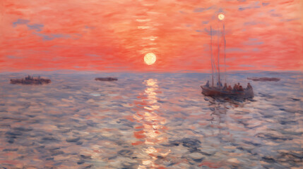 Wall Mural - Tropical beach sunset with sailing boats in impressionist style