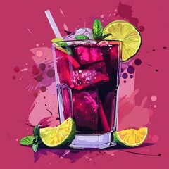 Canvas Print - Refreshing Red Drink with Lime and Mint in a Glass on Pink Background.