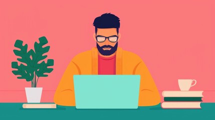 Fototapete - Flat of a Male Student or Remote Worker Studying or Working on a Laptop with Books and Decor on a Desk in Pastel Colors