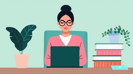 Poster - of a focused ambitious woman working diligently in a modern organized workspace with a laptop books and other study materials