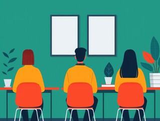 Poster - Flat design of a group of students engaged in a brainstorming session in a modern  minimalist classroom setting with whiteboard  tables  chairs  and potted plants