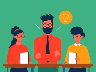 Poster - Flat design depicting a student brainstorming session in a modern classroom setting  showcasing teamwork  and the process of generating new ideas and solutions