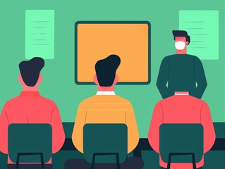 Poster - Flat Design of a Group of Students Engaged in a Collaborative Brainstorming Session in a Classroom Setting Exchanging Ideas and Concepts on a Whiteboard