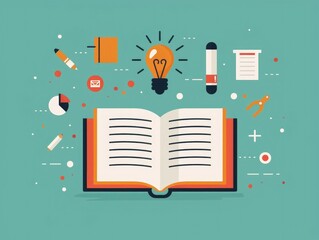 Poster - Flat design depicting a learning and educational concept with an open book various educational icons and symbols representing knowledge research study and academic achievement