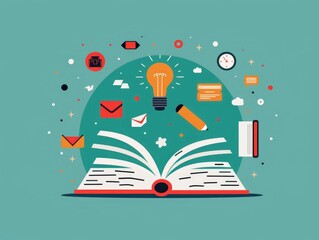 Aufkleber - Flat Design Depicting a Learning Concept with an Open Book Surrounded by Educational Icons Symbols and Imagery Representing Knowledge Study and Academic Pursuits