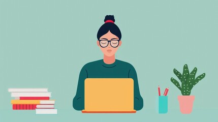 Fototapete - of a young woman using a laptop computer in a cozy minimalist office setting with pastel colored walls a potted plant and a stack of books on the desk  The scene depicts a productive