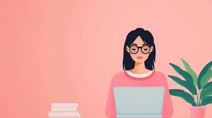 Poster - Vibrant depicting a young woman working on a laptop computer in a cozy pastel colored workspace  The character is shown in a minimalist flat design style