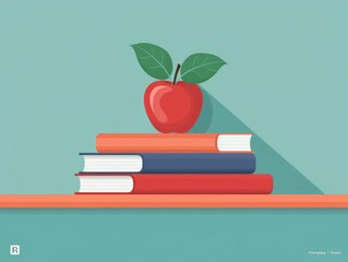 Poster - Flat design depicting a stack of books and a red apple placed on a teacher s desk  representing the concept of education  learning  and the tools of the teaching profession