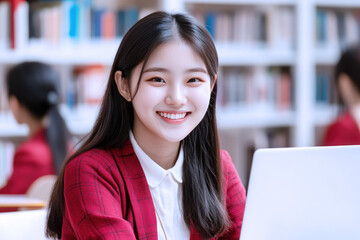 Korean student girl happy study using laptop at school library