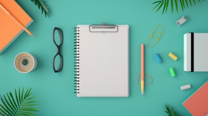 Poster - Overhead view of a neatly arranged study desk featuring a variety of pastel colored school supplies and stationery equipment including a tablet  notepad  pens  pencils  ruler  eraser