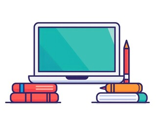 Fototapete - Flat design depicting the elements of an online course  including a laptop  books  and a pencil  all set against a clean white background  This image captures the concept of digital learning